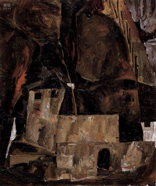 Egon Schiele Mauer und Haus vor hugligem Gelande mit Zaun Norge oil painting art